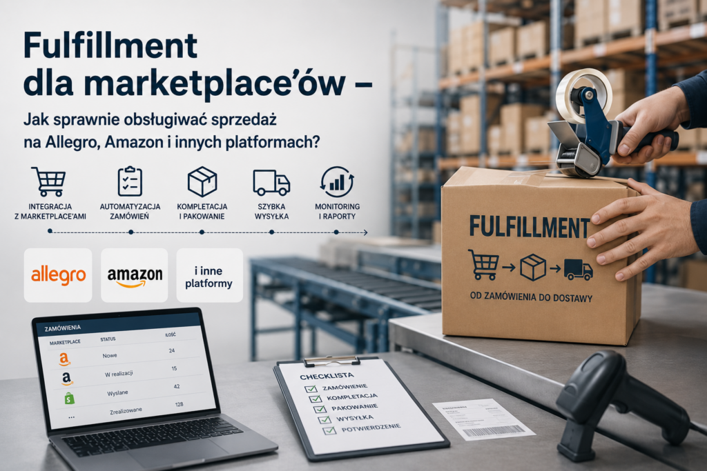 Ilustracja: fulfillment dla marketplace'ów, pakowanie zamówienia z Allegro i Amazon w magazynie