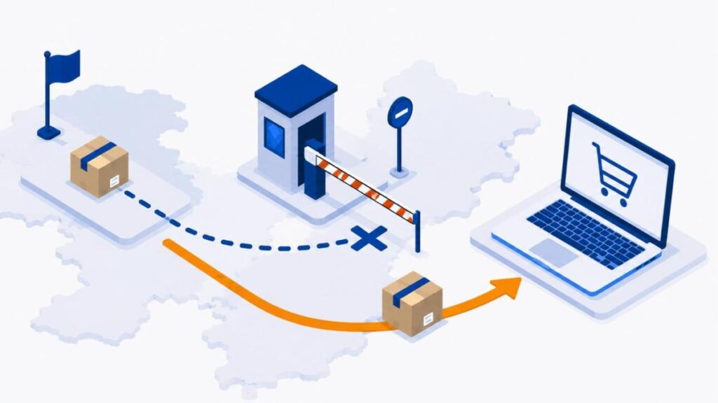 Ilustracja: paczka e-commerce zawrócona przez zamknięty szlaban na granicy i skierowana bursztynową strzałką do sklepu internetowego — koniec wysyłki Allegro do Wielkiej Brytanii od 18 sierpnia 2026