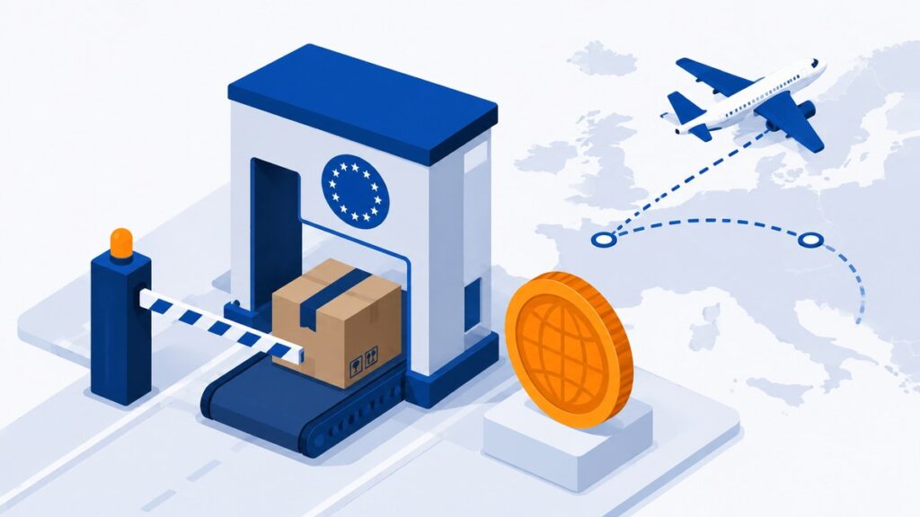 Ilustracja: paczka e-commerce na odprawie celnej UE, moneta i samolot cargo — nowe cło na paczki spoza UE