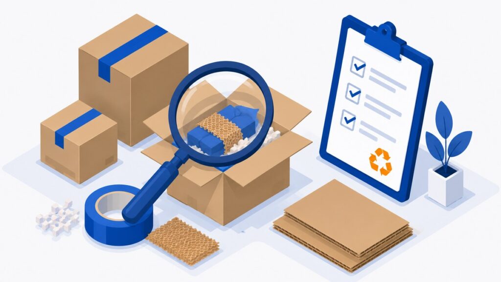 Ilustracja: audyt zgodności opakowań e-commerce — kartony wysyłkowe pod lupą, checklista i symbol recyklingu (wymogi PPWR od 12 sierpnia 2026)
