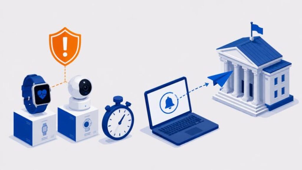 Inteligentne urządzenia (smartwatch i kamerka Wi-Fi) na pudełkach produktowych, nad nimi bursztynowa tarcza ostrzegawcza, obok stoper i laptop wysyłający zgłoszenie do budynku instytucji