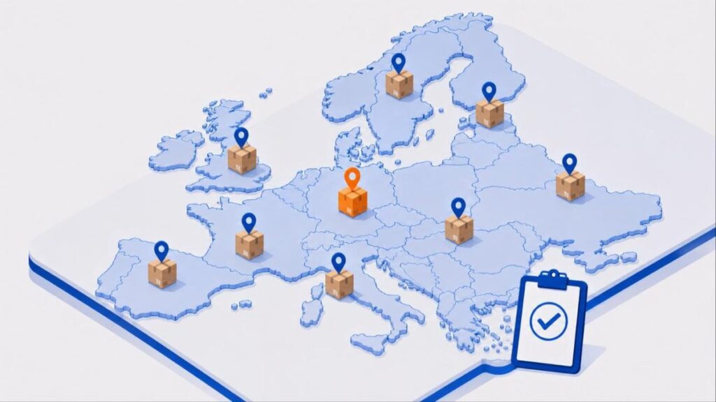 Mapa Europy z paczkami i pinezkami lokalizacji w różnych krajach, jedna paczka wyróżniona na bursztynowo, obok podkładka z zaznaczonym haczykiem