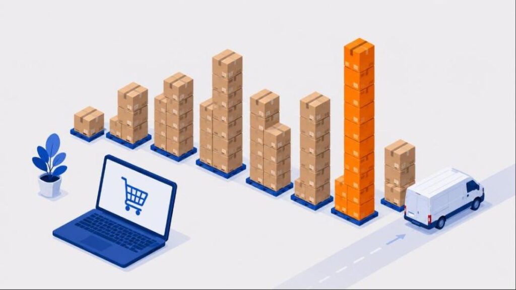 Słupki miesięcznych danych ułożone z kartonów paczek, jeden bursztynowy słupek wyróżniony, obok laptop z koszykiem zakupowym i odjeżdżający dostawczak