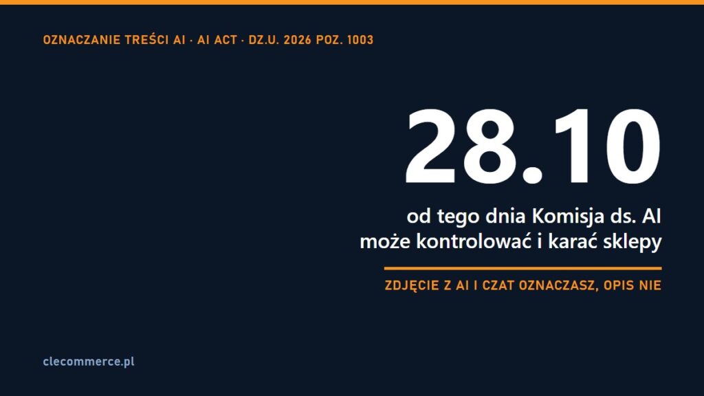 Grafika: od 28 października Komisja ds. AI może kontrolować i karać sklepy; realistyczne zdjęcie z AI i czat oznaczasz, opis produktu nie