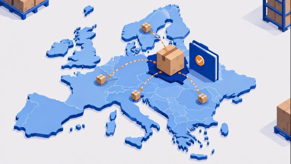 Izometryczna mapa Europy z kartonem wysyłkowym stojącym na Polsce, pomarańczowe trasy do mniejszych paczek w sąsiednich krajach i teczka z pomarańczowym znakiem potwierdzenia, ilustracja do tekstu o pakiecie ViDA, procedurze OSS i zapasie w magazynie za granicą