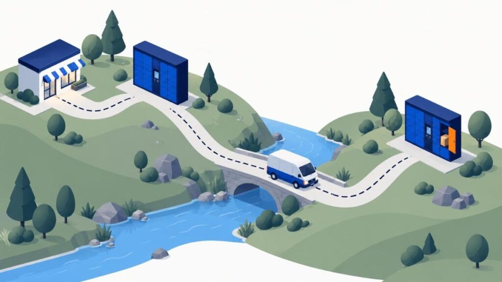 Ilustracja: sklep internetowy i dwie stacje automatów paczkowych na dwóch wzgórzach, furgonetka przejeżdża mostem przez rzekę, w drugim automacie otwarta bursztynowa skrytka z paczką